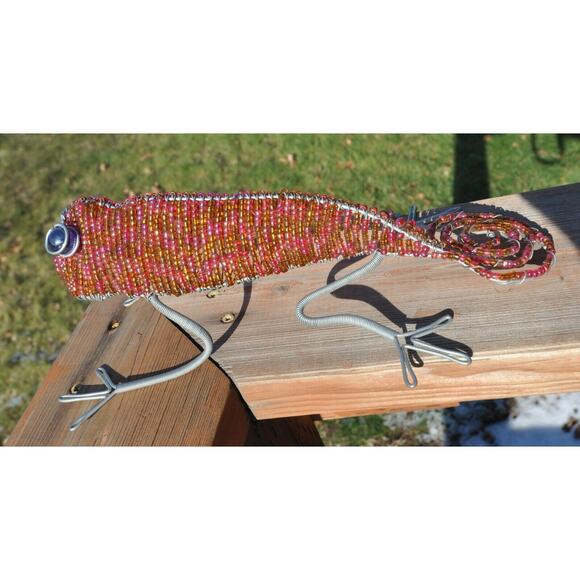 Beaded Wire Lizard w/ Marble Eyes 12.25" L x 6.5" W x 4.5" H African Folk Art - Picture 3 of 4